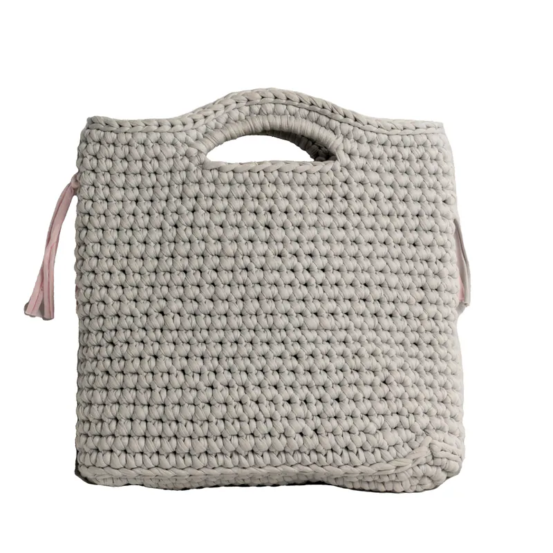 Ecofriendly, Daisy Luxury Handmade Crochet women knit hand bag / Light Grey with Baby Pink Tassels, view 2