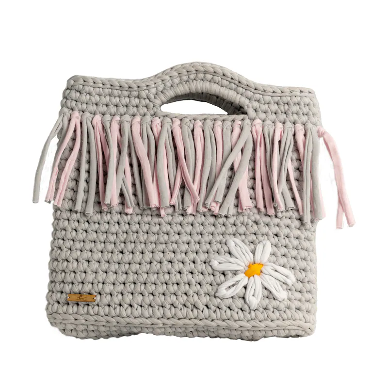 Ecofriendly, Daisy Luxury Handmade Crochet women knit hand bag / Light Grey with Baby Pink Tassels